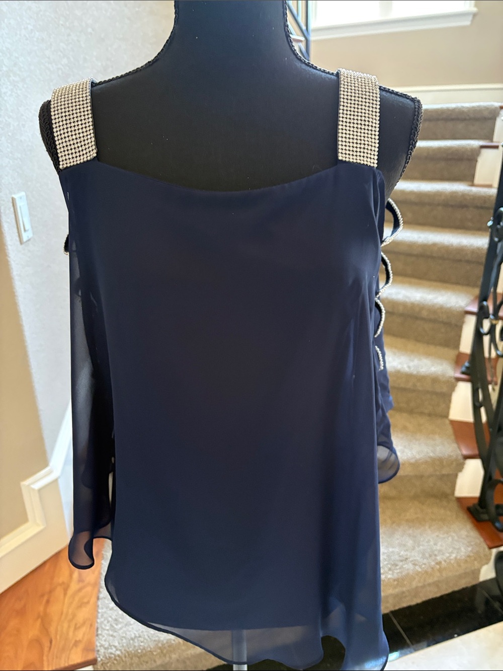 Navy Rhinestone-Trim Chiffon Camisole